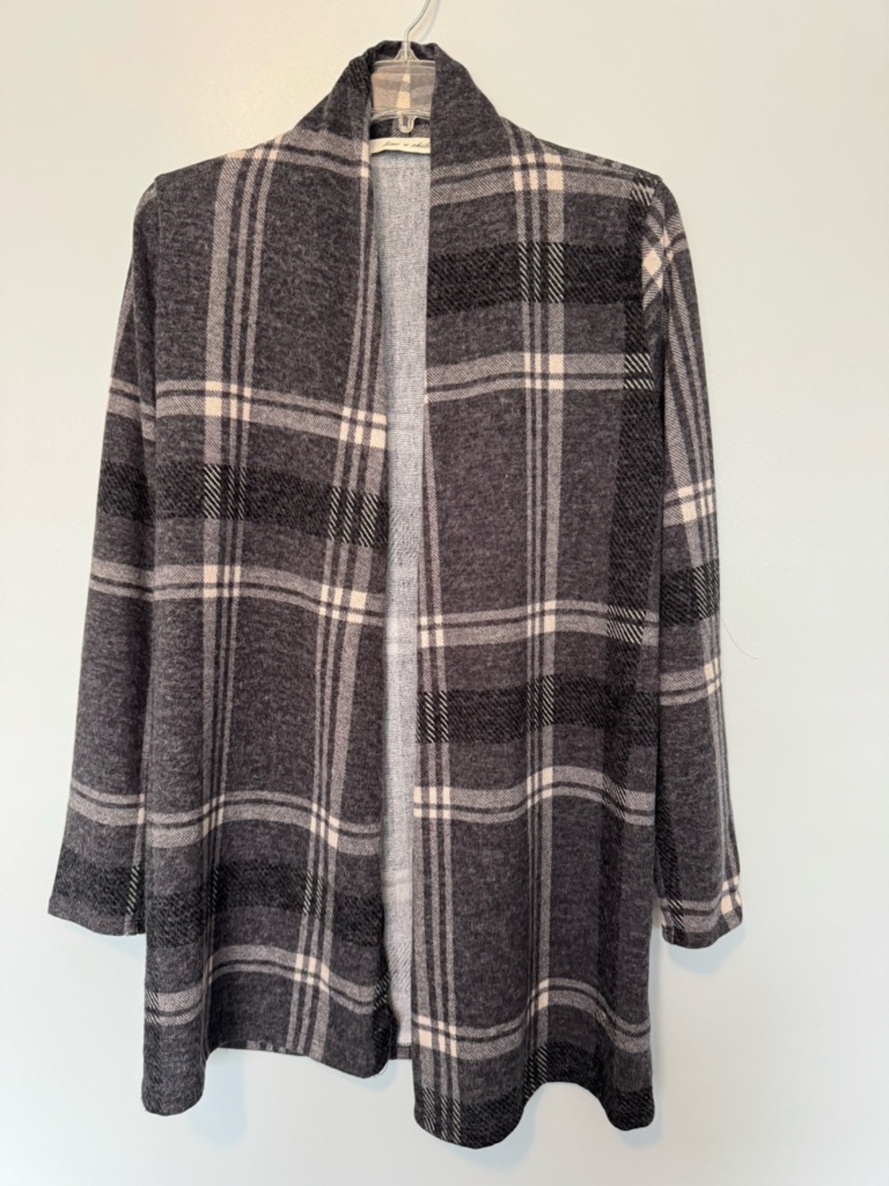 Open-Front Plaid Cardigan Sweater - Gray
